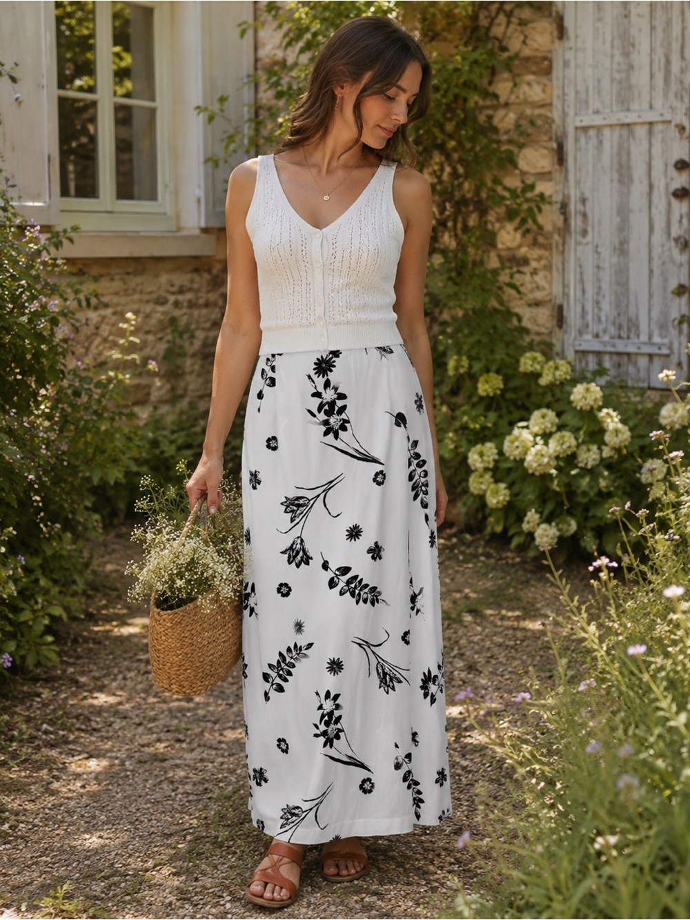 LAURA ASHLEY Maxi Skirt White Black Floral Sz 6 Cottagecore Feminine Flowy
